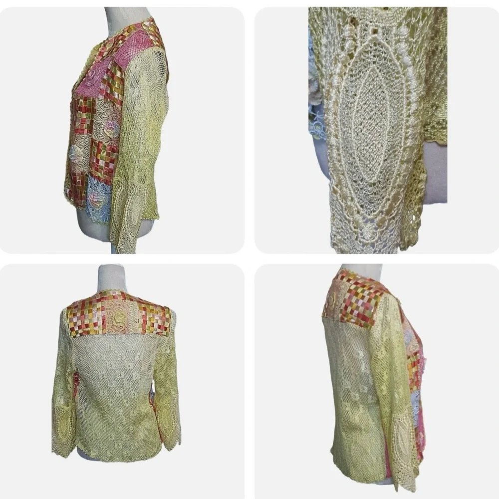 Parsley And Sage Women's Sweater Crochet Ribbon Open Front pink yellow green - Picture 8 of 9